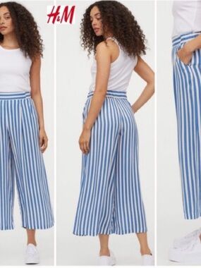 H&M Blue and White Striped Wide-Leg Cropped Pants